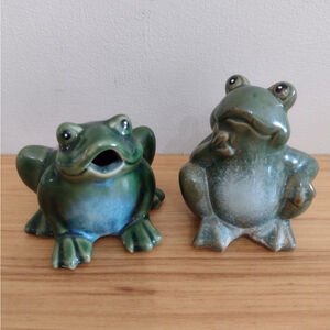 Set Of Pottery Green Sitting Frogs Figurines Garden Decor Whimsical Cottagecore